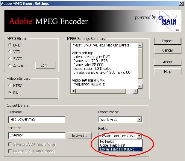 Выбор "полей" в Adobe MPEG Encoder